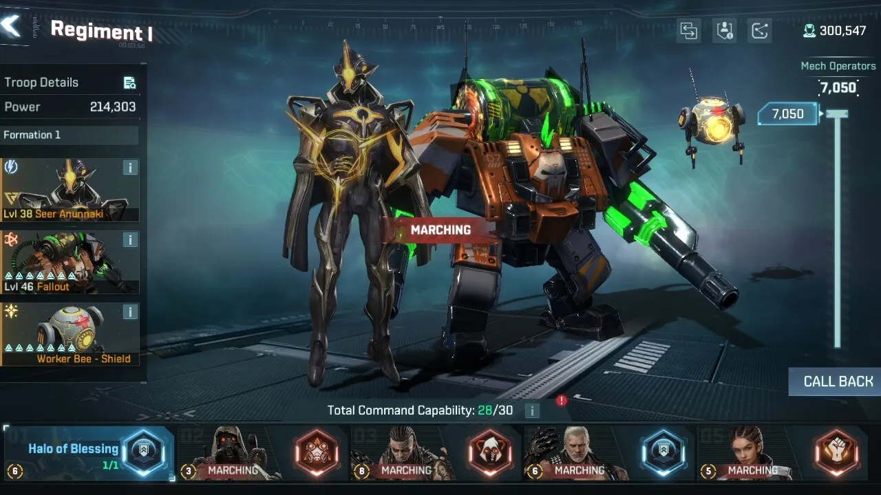 A marching regiment of armored mechs and a robed operator on a hangar deck in Project Entropy