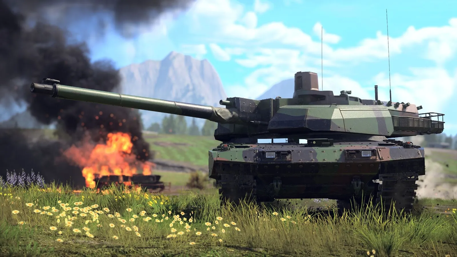 Camouflaged main battle tank in a grassy field next to a burning wreck, mountains in the background, in War Thunder